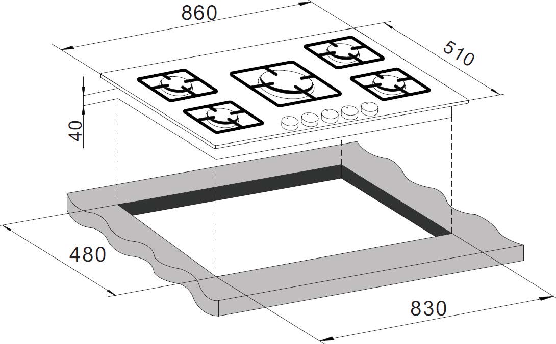 GAS ON GLASS HOB, CAST IRON PAN SUPPORT, 8MM EDGE 90 CM - CRYSTAL 90