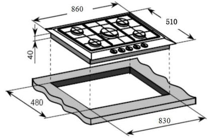 CM GAS ON GLASS HOB, CAST IRON PAN SUPPORT 90 CM - GALAXY 90