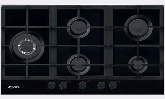 GAS ON GLASS HOB, CAST IRON PAN SUPPORT 90 CM - MOON NERO 90