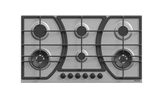 Baeckerhaft 90cm 6-Burner Built-In Gas Cast Iron Hobs, Silver,02 WOK